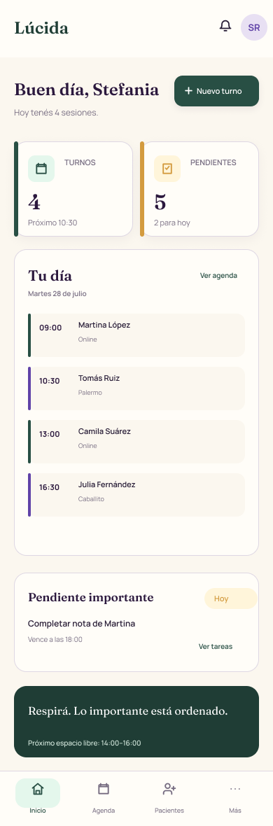 Panel principal de Lúcida en celular